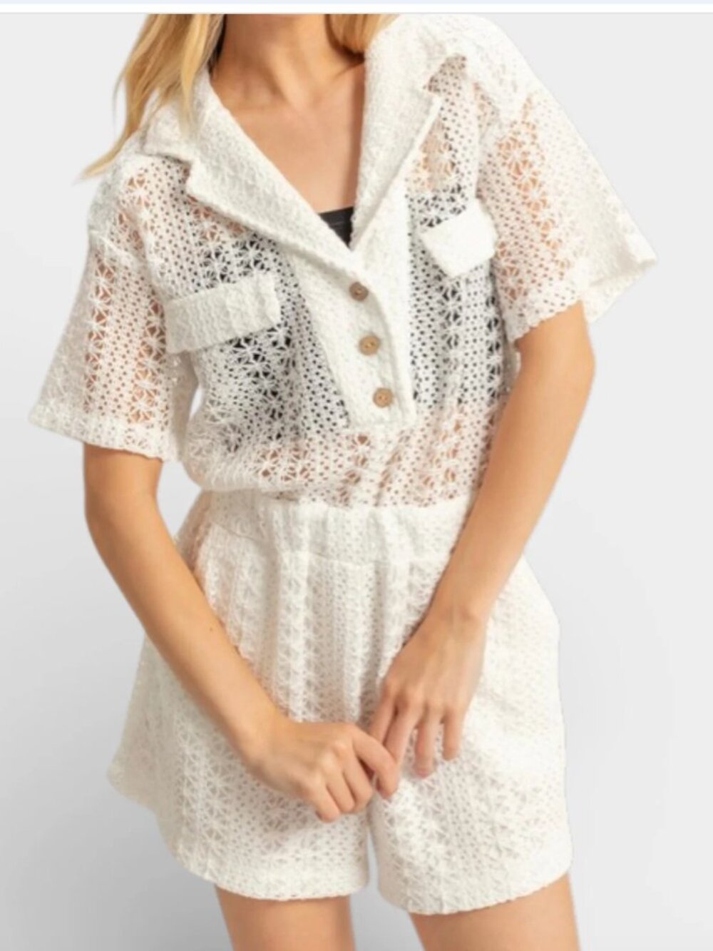 White Crochet Knit Romper - Size Small